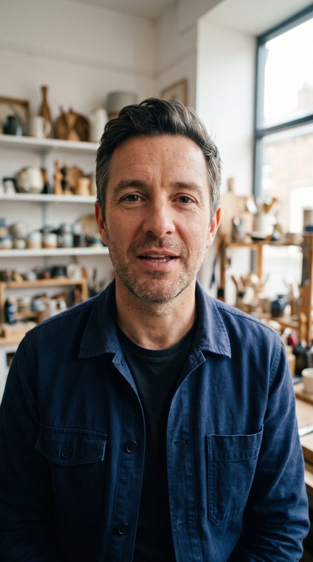 A small business owner in his workshop talking to camera