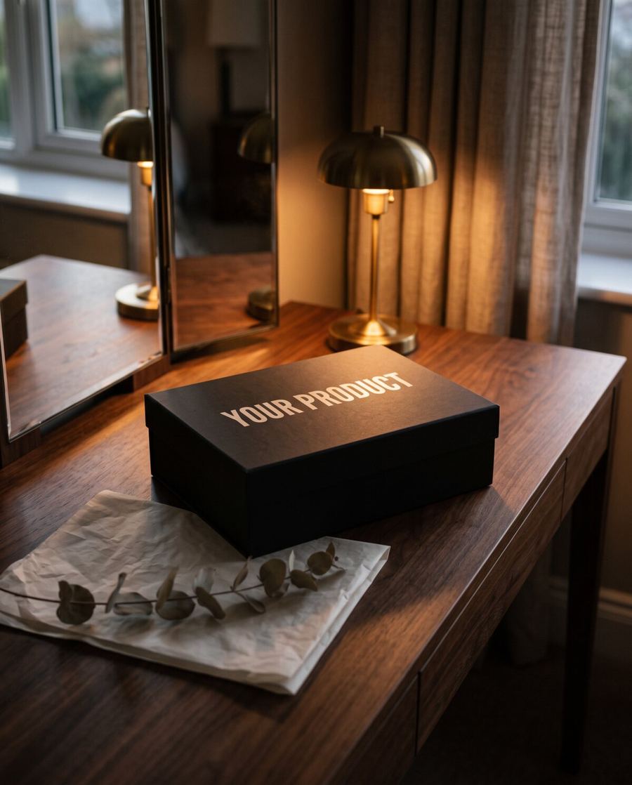 A charcoal gift box printed YOUR PRODUCT on a walnut dressing table in warm lamp light