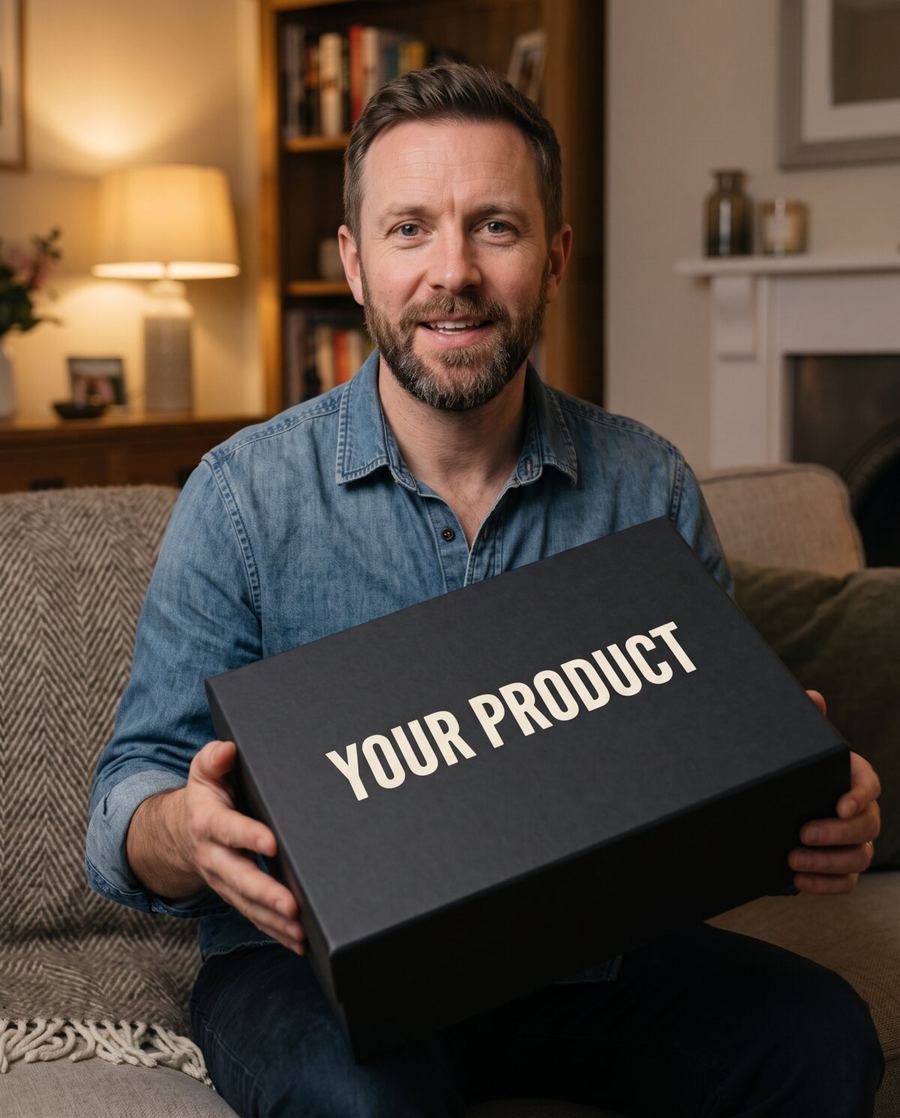 A man on a sofa holding a charcoal box printed YOUR PRODUCT, talking to camera