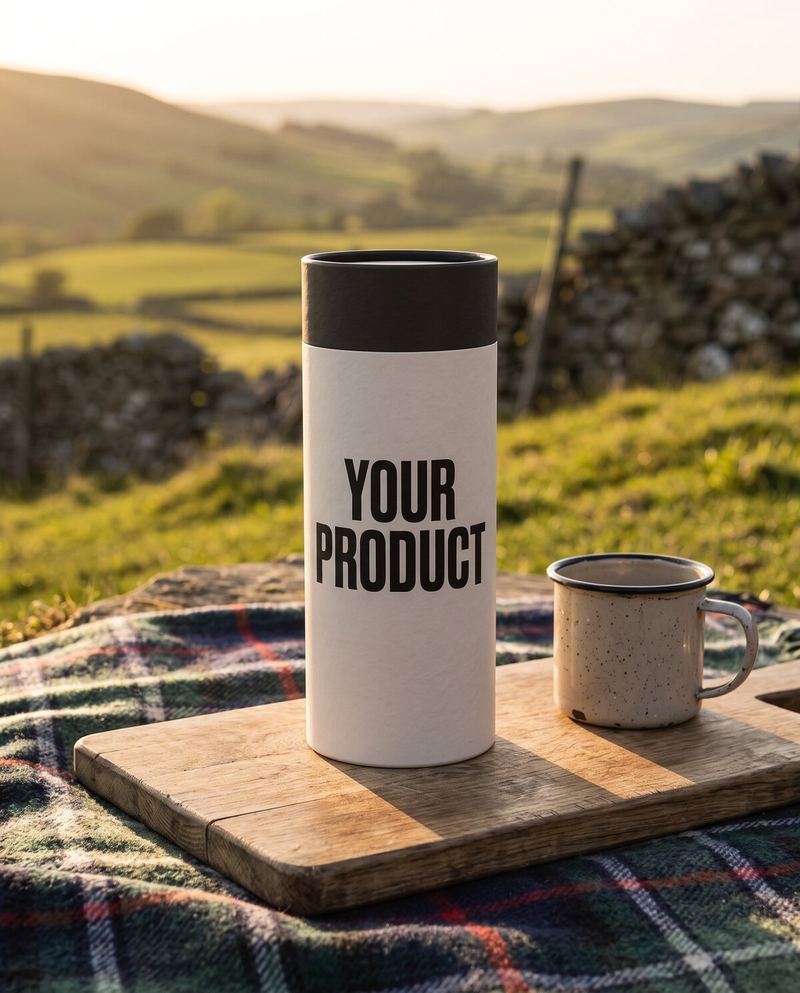 The same tube on a picnic board in the Welsh hills at golden hour
