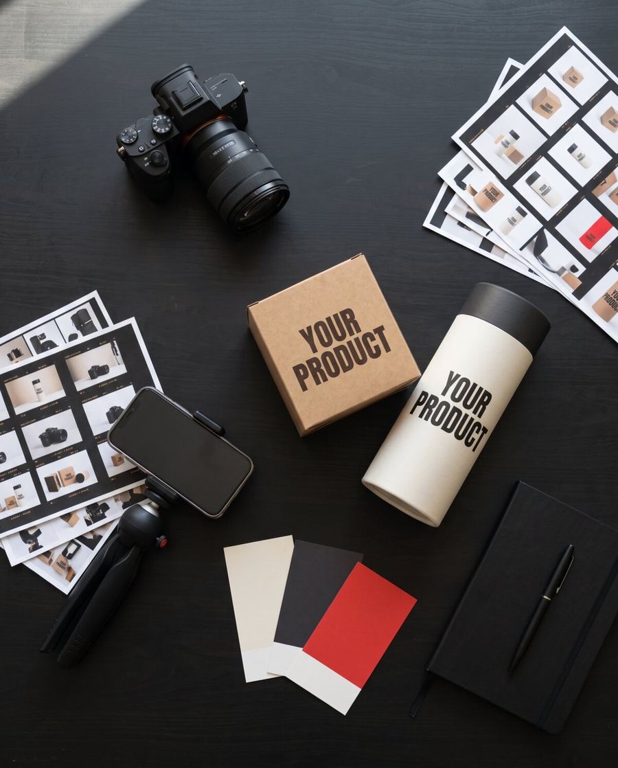 Overhead view of a studio desk with a camera, contact sheets, colour swatches and two YOUR PRODUCT packs